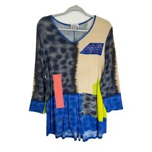 Parsley & Sage Abstract Tunic Top Womens Medium Blue Tan Long Sleeve V-Neck